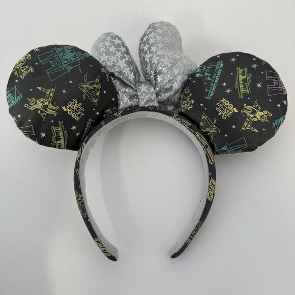 Disney Minnie Mouse Ears Headband 100th Anniversary Print Silver Star Bow - Picture 4 of 5
